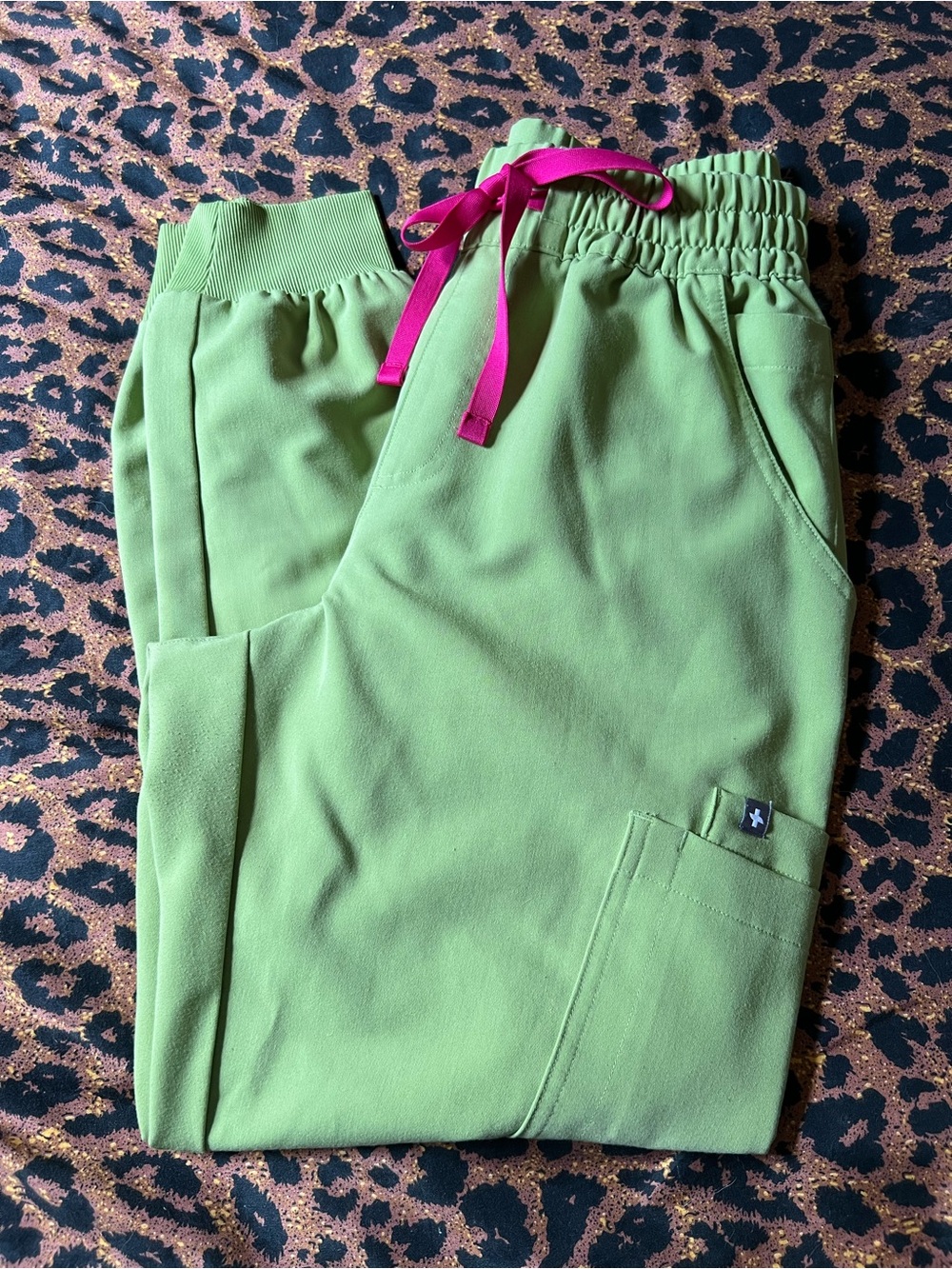 FIGS Uman High Rise Lime Green Jogger Scrub Pants with Pink Drawstring